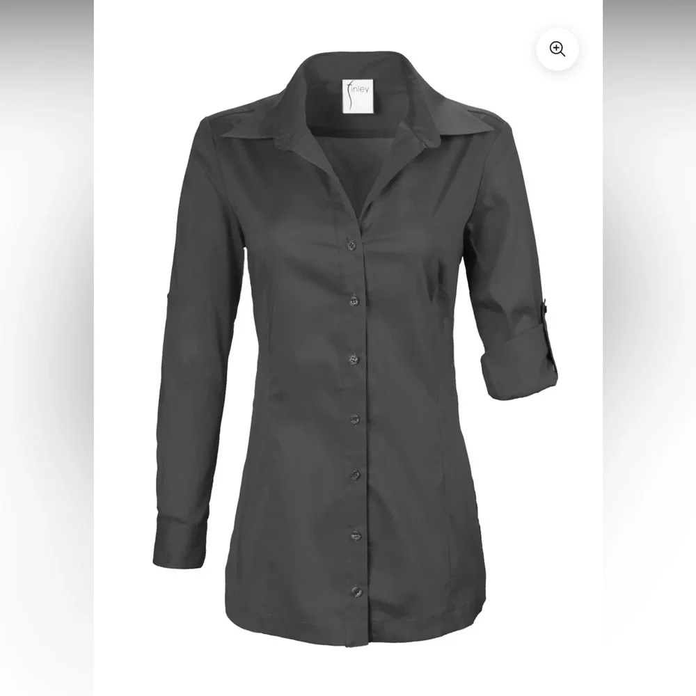 Finley button down Joey roll sleeve top black  sz medium. - Picture 2 of 6